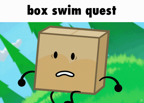 a cardboard box with a sad face and the words box swim quest above it