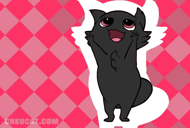 a cartoon drawing of a black cat with the website creucat.com in the bottom right corner
