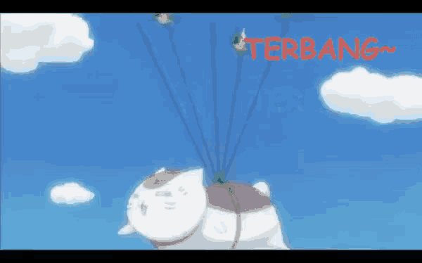 a cat is riding a parachute with the word terbang written on the bottom