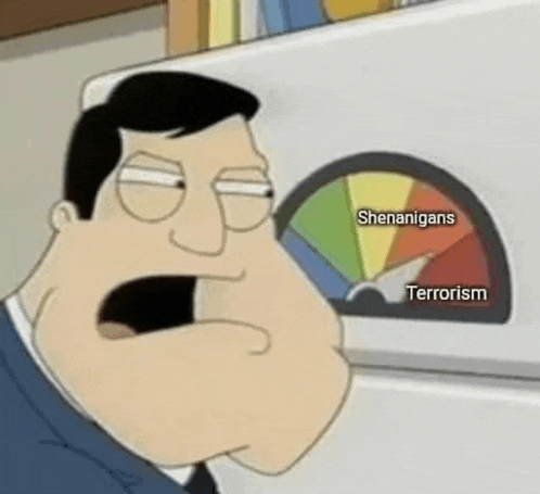 a cartoon man is looking at a gauge that says ' shenanigans ' and ' terrorism ' on it .