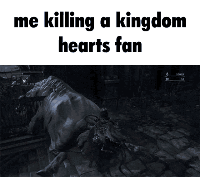 a screenshot of a video game with the words " me killing a kingdom hearts fan " at the top