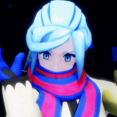 a cartoon character with blue hair and a red and blue scarf