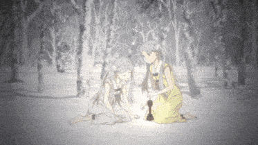 a drawing of two girls kneeling down in a forest