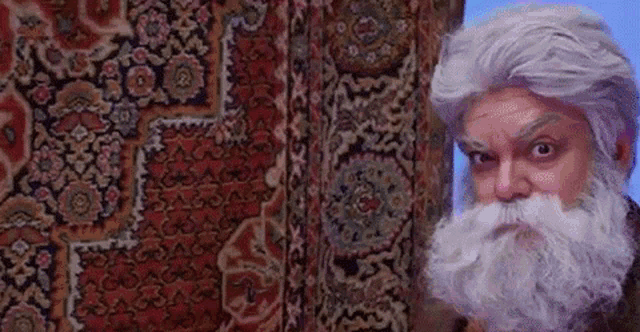 a man with a beard and a wig is standing in front of a rug .