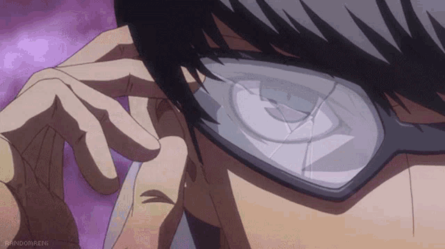 a close up of a person wearing glasses with a purple background and the word randomi on the bottom