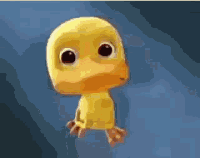 a yellow cartoon duck is standing in front of a blue background .