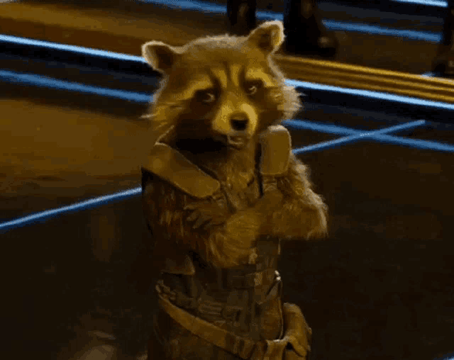 rocket raccoon from guardians of the galaxy is standing with his arms crossed on a stage .
