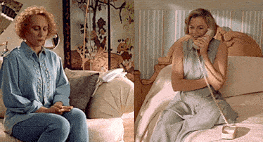 two women are sitting on a couch and one is sitting on a bed talking on a phone