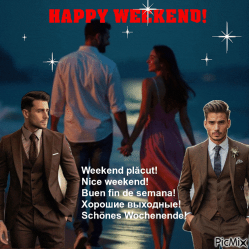 a picture of a man and a woman holding hands with the words weekend written above them