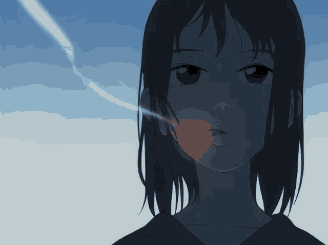 a cartoon girl smoking a cigarette with a blue sky in the background