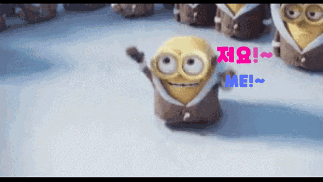 a cartoon minion says " me " in front of a group of minions