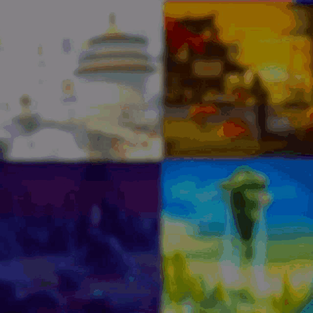 a collage of four different colored images including a purple one