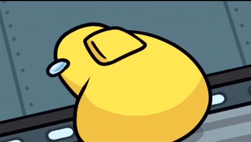 a yellow cartoon character is looking out a window .