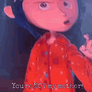 coraline from coraline the animated movie is standing in a dark room and talking to someone .