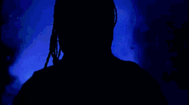 a man wearing a mask with dreadlocks is standing in a dark room with a blue background .