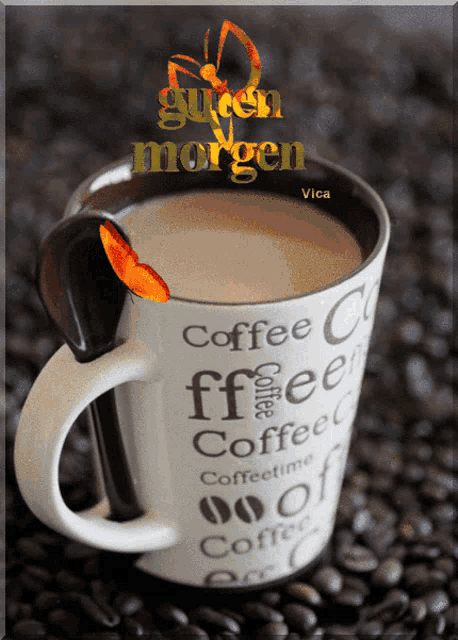 a picture of a cup of coffee with the words guten morgen on it