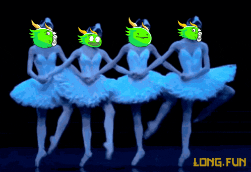 a group of ballerinas in blue tutus with green faces on them and the words long fun below them