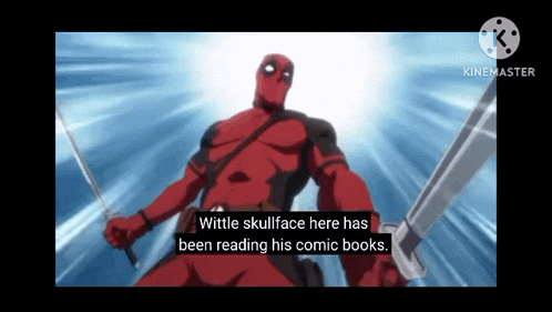 deadpool is holding two swords in his hands in a cartoon .