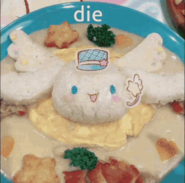a plate of food with the word die on the bottom