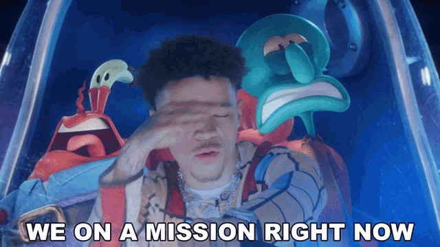 a cartoon character with the words we on a mission right now behind him