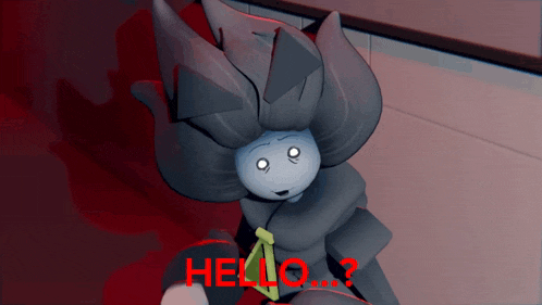 a cartoon character says hello with a red background