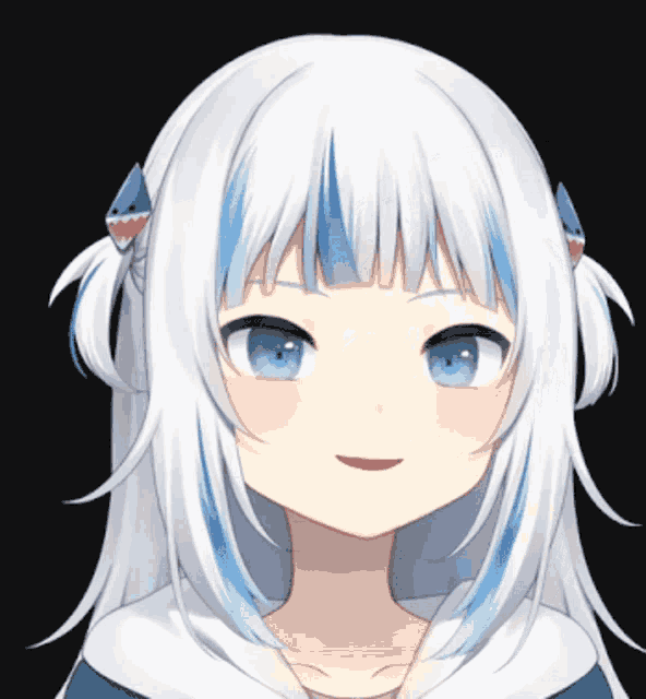 a girl with white hair and blue highlights has a shark tooth on her ear