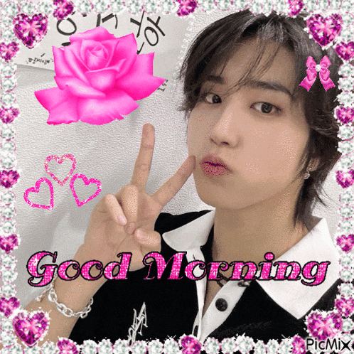 a picture of a young man with a pink rose and the words good morning