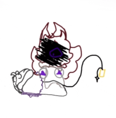 a drawing of a devil with horns and a purple tail .