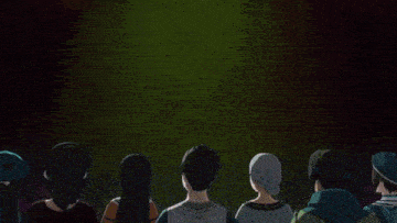a group of people are sitting in front of a projector screen watching a cartoon character .