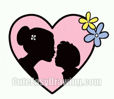 a drawing of a woman kissing a child inside a heart