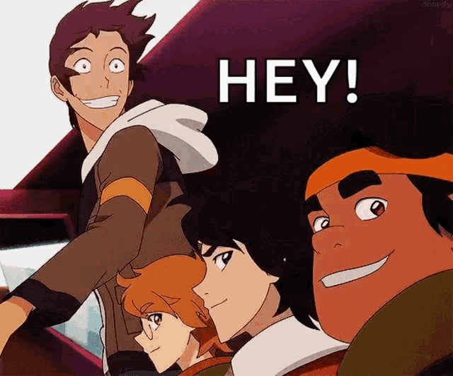 a group of cartoon characters are standing next to each other and one of them is smiling and says hey .