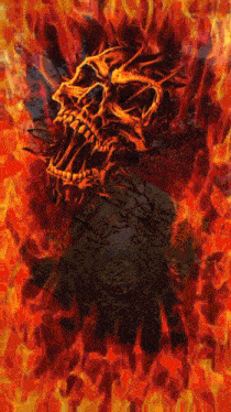 a painting of a skull in flames with a pentagram in the background