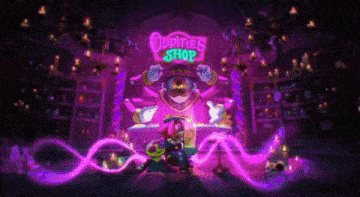 a cartoon character is standing in front of a neon sign that says ' oddities shop '