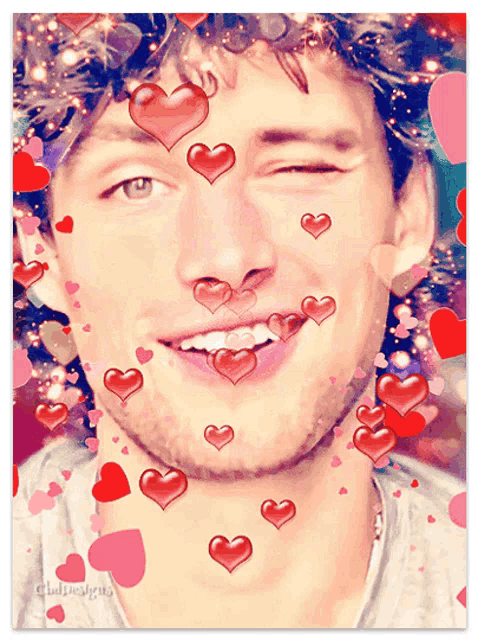 a painting of a man with hearts around his face and neck