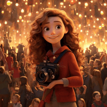 a girl in a red jacket is holding a sony camera