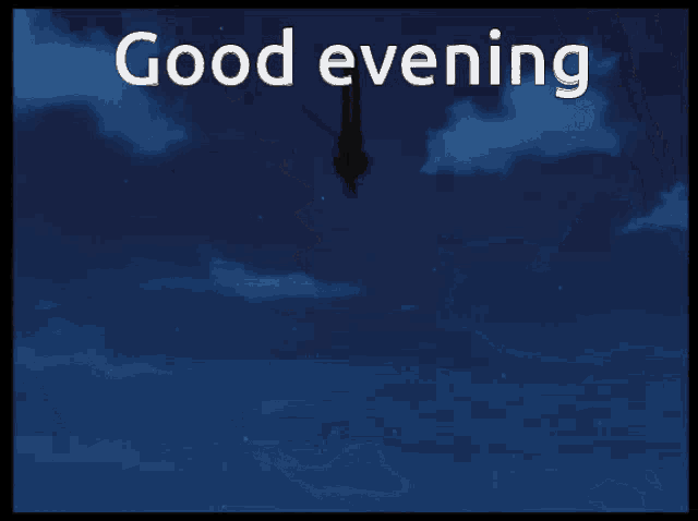 a picture of a person holding a sword with the words " good evening " on it