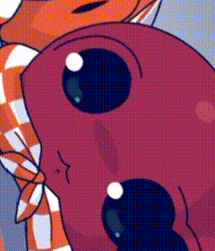 a close up of a cartoon character with big eyes and a scarf around his neck .
