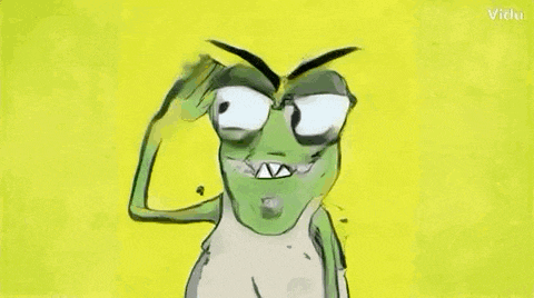 a cartoon frog is making a funny face and scratching his head on a yellow background .