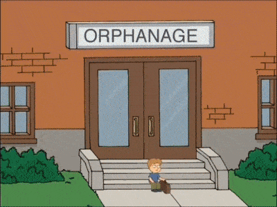 a boy sits on the steps of an orphanage building