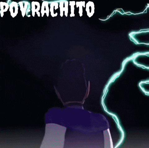 a man is standing in front of a lightning bolt with the words pov : rachito written on the bottom .
