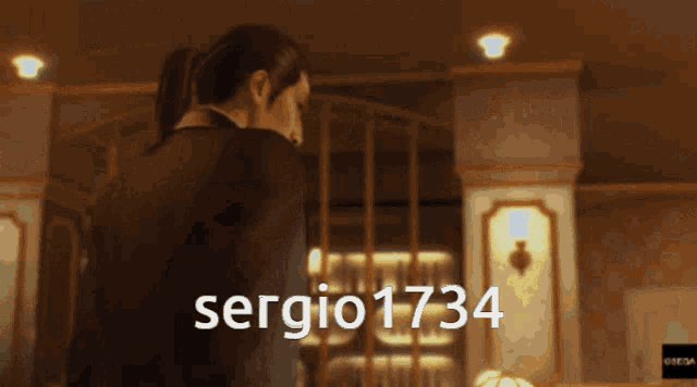 a man in a suit stands next to a woman in a room with the name sergio1734 on the bottom