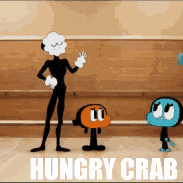hungry crab is written on the bottom of a picture of cartoon characters