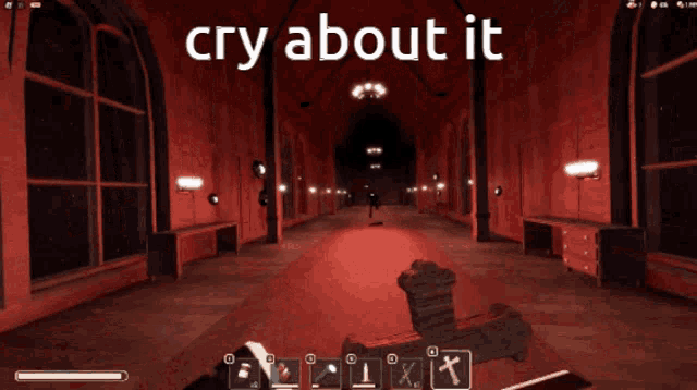a screenshot of a video game with a cross and the words cry about it