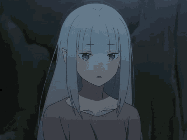 a girl with long white hair is yawning with her hands over her mouth