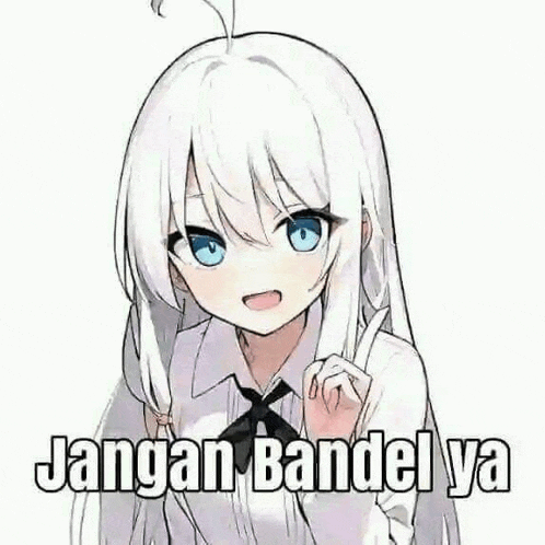 a girl with long white hair and blue eyes is wearing a white shirt and tie and says jangan bandel ya .