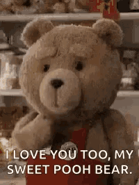 a teddy bear is saying `` i love you too , my sweet pooh bear . '' .
