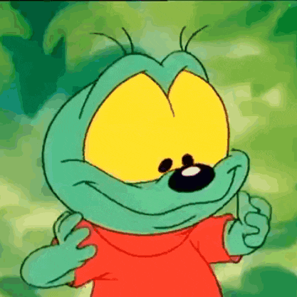 a cartoon character is wearing a red shirt and giving the thumbs up sign
