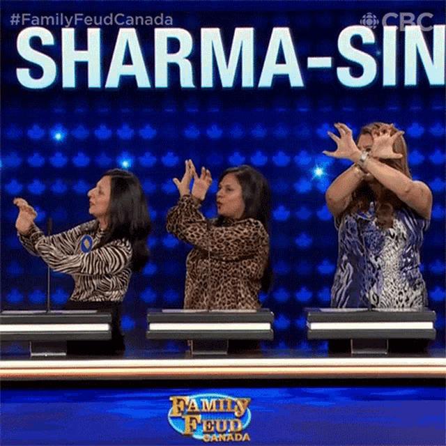 three women are on a family feud game show called sharma-sin