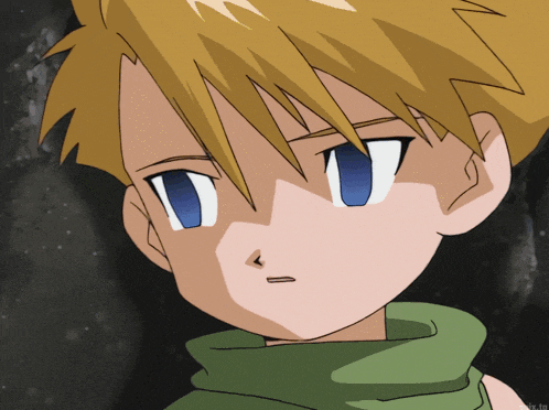 a boy with blonde hair and blue eyes is wearing a green scarf