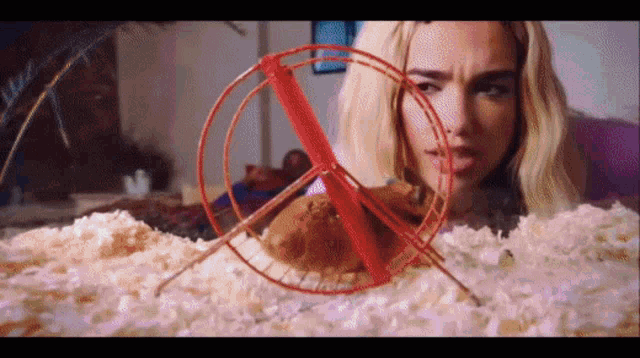 a woman is looking at a hamster wheel in a pile of hay .